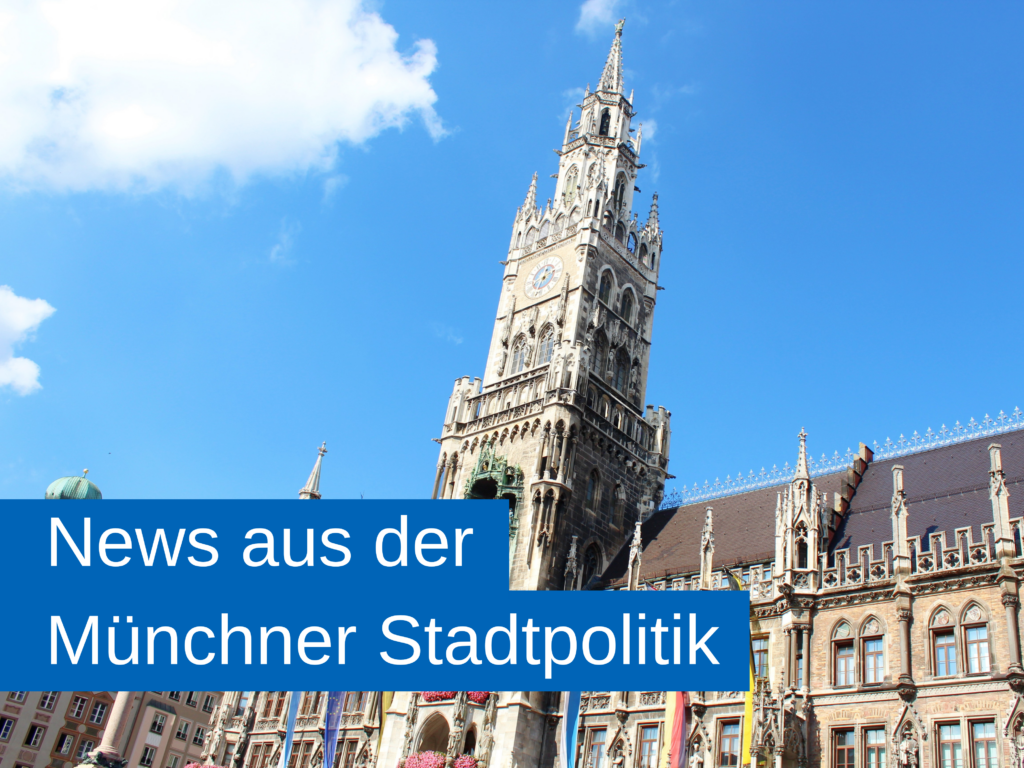 Münchner Rathaus vor blauem Himmel, Bildunterschrift: News aus der Münchner Stadtpolitik